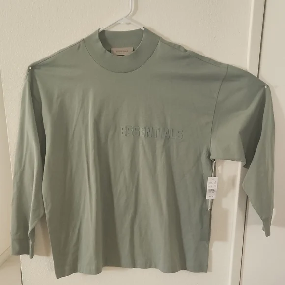 Essentials Men’s Sage Green Embossed Logo Long-Sleeve Tee - Picture 2 of 4
